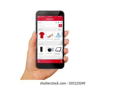 Smart Phone Online Shopping In Woman Hand Isolated. Buy Clothes Shoes Accessories With E Commerce Web Site