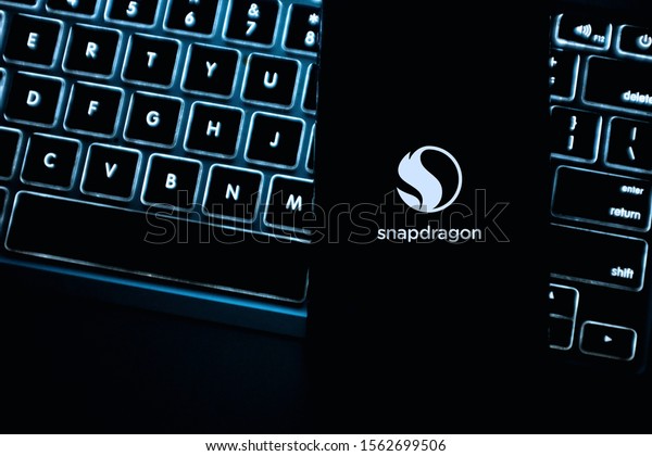 Smart phone with the Snapdragon logo\
which is a family of chip systems designed and sold by\
Qualcomm\
Sunday, November 17, 2019, New York, United\
States.\
