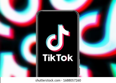 Smart Phone With TIK TOK Logo, Which Is A Popular Social Network On The Internet.

United States, New York, Wednesday April 8, 2020