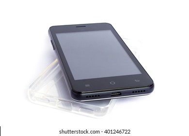 Smart Phone And Transparent Case On White Background