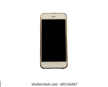 Smart Phone Is Wear Gold Case Isolated On White Background.