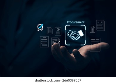 Smart Procurement Process with Digital Contract and Vendor List, Businessman managing e-procurement process, contract, paperless invoice, approval documents, representing B2B sourcing, supply chain
