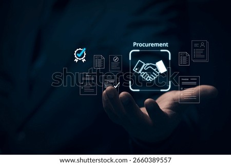 Smart Procurement Process with Digital Contract and Vendor List, Businessman managing e-procurement process, contract, paperless invoice, approval documents, representing B2B sourcing, supply chain