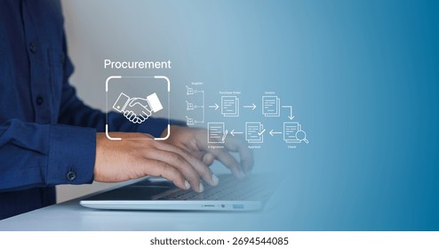 Smart procurement process workflow, Digital contract document approval, Vendor List, Businessman managing e-procurement, B2B Procurement System Interface, paperless invoice, representing B2B sourcing