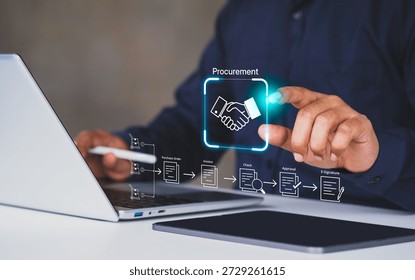 Smart procurement process workflow, Digital contract document approval, Vendor List, Businessman managing e-procurement, B2B Procurement System Interface, paperless invoice, representing B2B sourcing