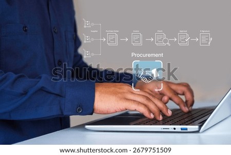 Smart procurement process workflow, Digital contract document approval, Vendor List, Businessman managing e-procurement, B2B Procurement System Interface, paperless invoice, representing B2B sourcing
