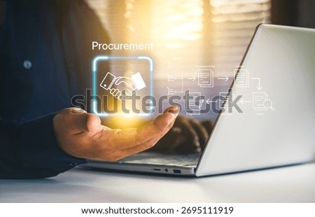 Smart procurement process workflow, Digital contract document approval, Vendor List, Businessman managing e-procurement, B2B Procurement System Interface, paperless invoice, representing B2B sourcing