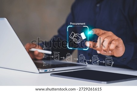 Smart procurement process workflow, Digital contract document approval, Vendor List, Businessman managing e-procurement, B2B Procurement System Interface, paperless invoice, representing B2B sourcing