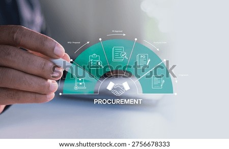 Smart procurement process workflow, Digital contract document approval, Vendor List, Businessman managing e-procurement, B2B Procurement System Interface, paperless invoice, representing B2B sourcing