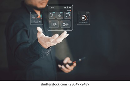Smart remote home control system app. Living room interior in background.
 - Shutterstock ID 2304972489