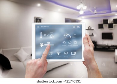 Smart remote home control system app. Living room interior in background.