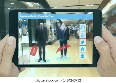 smart retail with augmented mixed virtural reality marketing technology concept, man hand hold tablet to see new product which special price, sale, percent off and can bur or contact with call center - Powered by Shutterstock - Get 15% off with code: PIKWIZARD15