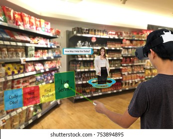 Smart Retail With Augmented And Virtual Reality Technology Concept, Customer Use Ar And Vr Glasses To Search A Daily Deal (sale, Low Price)in The Retail 