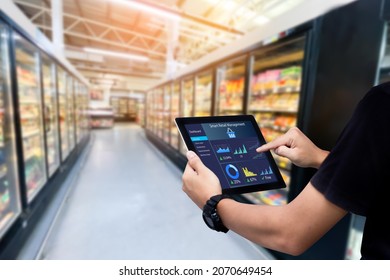 Smart Retail Management System.Worker Hands Holding Tablet On Blurred Supermartket As Background