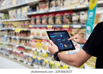 Smart retail management system.Worker hands holding tablet on blurred supermartket as background