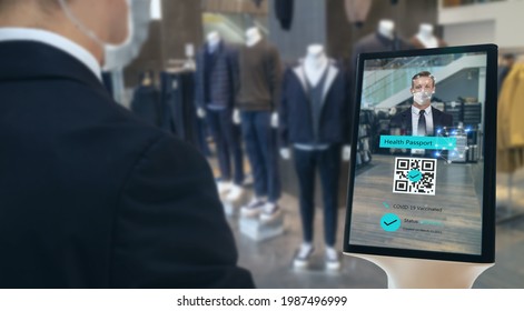 Smart Retail With Robot Healthy Assistant Concept, Retail Using Robot To Scan And Personal Data Check With Customer Who Got Covid-19 Vaccinate By Using Face Recognition Detection Technology