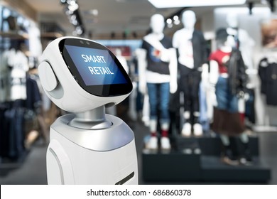 Smart retail sales and crm robot assistant or adviser technology concept. Robo-advisor display text on screen with blur shopping fashion mall background. Copy space.
