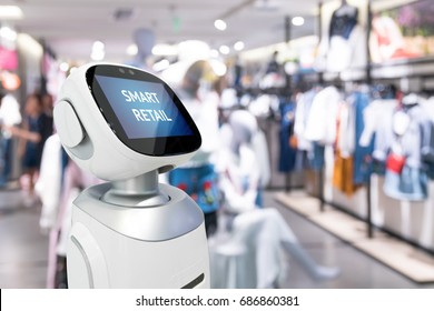 Smart retail sales and crm robot assistant or adviser technology concept. Robo-advisor display text on screen with blur shopping fashion mall background. Copy space.