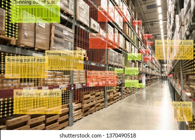 Smart Retail Use Augmented Reality Mixed Virtual Reality Technology To Show The Data Analysis Keep Track Big Data When Product Running Out Of Stock On Shelve In Smart Warehouse.