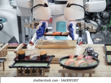 Smart Robot Arm Preparing Japanese Food A Dish Of Sushi