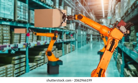 Smart robot arm system for innovative warehouse and factory digital technology . Automation manufacturing robot controlled by industry engineering using IOT software connected to internet network . - Shutterstock ID 2062966199