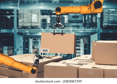 Smart Robot Arm System For Innovative Warehouse And Factory Digital Technology . Automation Manufacturing Robot Controlled By Industry Engineering Using IOT Software Connected To Internet Network .