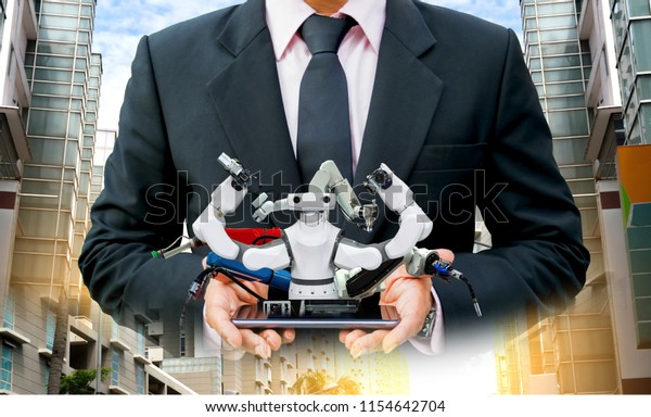 smart\
robot replacement Industrial 4.0 of things technology robot future\
arm and man using controller for control\
electronic