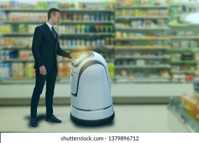 Smart robotic technology concept, The customerr follow a service robot to a smart retail in department store, shop, the robot can help and give some information to passenger quickly 