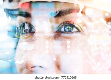 Smart scientist technology concept. Double exposure of microscope , science equipment glasses, selective focus on European eye and atom graphics with flare light effect.