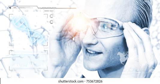 Smart scientist using smart glasses with augmented reality technology. HUD science graphics background. Blue light tone image. - Powered by Shutterstock - Get 15% off with code: PIKWIZARD15