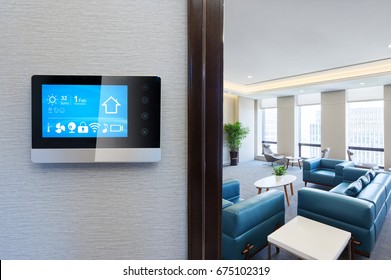 smart screen with smart home apps on wall in modern living room