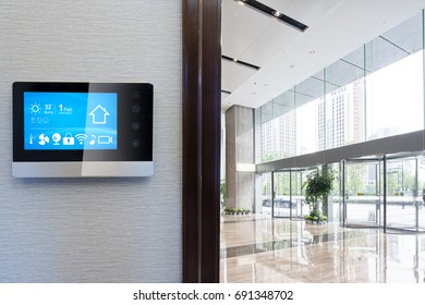 Smart Screen On Wall With Spacious Hall In Modern Office Building
