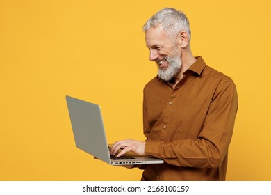 Smart smiling amazing elderly gray-haired bearded man 50s years old wears brown shirt hold use work on laptop pc computer typing texting searching isolated on plain yellow background studio portrait - Powered by Shutterstock