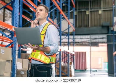 Smart Smiling Caucasian Warehouse Man,worker,manager Use Laptop To Check Goods On Shelf For Product Distribution Stock Management, Logistics Shipping Business Planning Concept With Copy Space