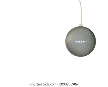 A Smart Speaker With LED Lights Activated, Isolated On A White Background. Right Side.