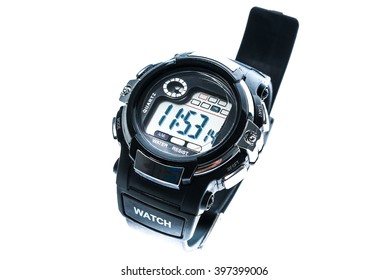 Smart Sport Black Digital Wristwatch Isolated On A White Background. Generic Water Resistant Man Watch