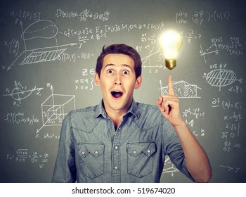 Smart Student With Idea Light Bulb And Various High School Maths And Science Formulas On Background 