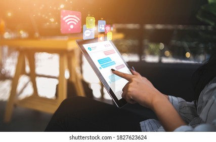 Smart tablet technology using wireless internet connection to connect the people and friends online by application, woman using interacting with device for social media communication and entertainment