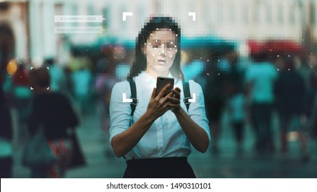Smart technologies in your smartphone, collection and analysis of big data about person through mobile services and applications. Identification and privacy in context of modern digital technologies. - Shutterstock ID 1490310101