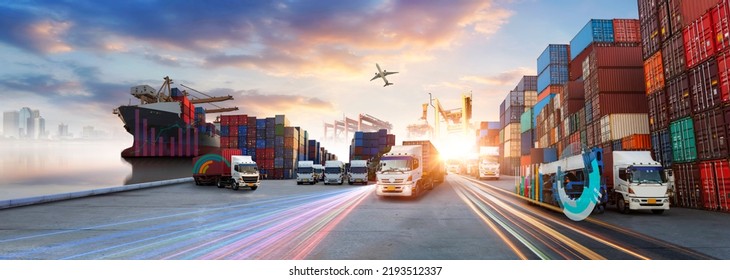 Smart Technology Concept With Global Logistics Partnership Industrial Container Cargo Freight Ship, Internet Of Things Concept Of Fast Or Instant Shipping, Online Goods Orders Worldwide