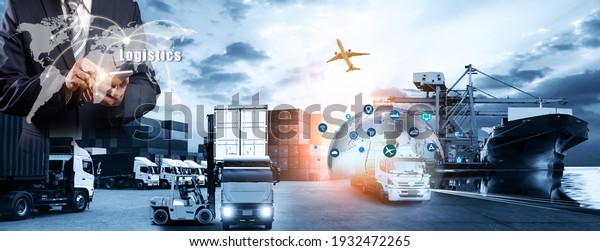 Smart\
technology concept with global logistics partnership Industrial\
Container Cargo freight ship, internet of things Concept of fast or\
instant shipping, Online goods orders\
worldwide