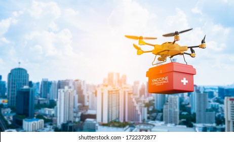 Smart technology of drone brings coronavirus(covid-19) vaccine to Around the world.AI(Artificial Intelligence) auto pilot carries red box package containing COVID19 vaccine to Quarantine stay at home