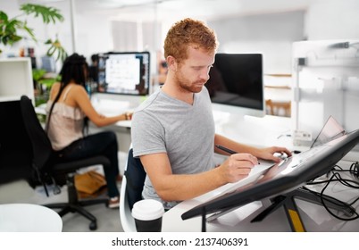 Smart Technology Makes Everything Easier. A Young Man Working On A Large Touchscreen.