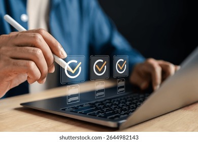 Smart technology for online document verification and e-signature. Concept of secure digital approval, paperless workflow, and automated validation system using electronic signatures.