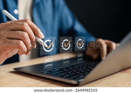 Smart technology for online document verification and e-signature. Concept of secure digital approval, paperless workflow, and automated validation system using electronic signatures.