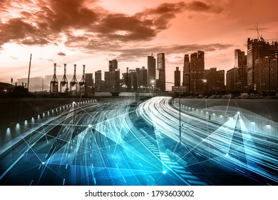 Smart transport technology concept for future car traffic on road . Virtual intelligent system makes digital information analysis to connect data of vehicle on city street . Futuristic innovation .