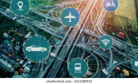 Smart transport technology concept for future car traffic on newish city road . Virtual intelligent system makes digital information analysis to connect data of vehicle on city street .