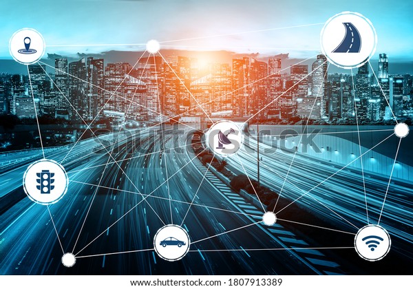 Smart transport technology concept for future car
traffic on road . Virtual intelligent system makes digital
information analysis to connect data of vehicle on city street .
Futuristic innovation .