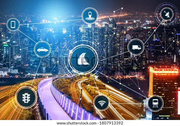 Smart transport technology concept for future car\
traffic on road . Virtual intelligent system makes digital\
information analysis to connect data of vehicle on city street .\
Futuristic innovation .