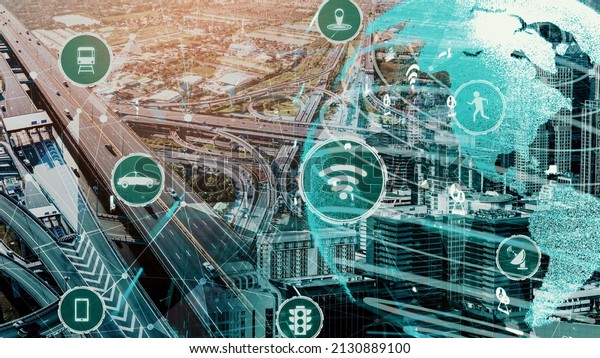 Smart transport technology concept for future car
traffic on newish city road . Virtual intelligent system makes
digital information analysis to connect data of vehicle on city
street .